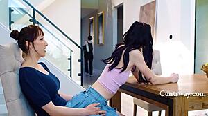 Stepdaughter rides stepmom's dildo throne while social worker questions her love during game