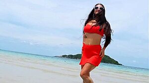 i flash my petite body in orange bikini dancing and fingering on the beach public fun