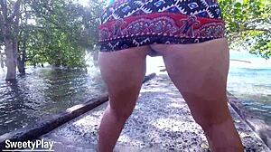 bbw milf lifts short skirt outdoors for wet homemade pissing stream