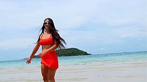 i flash my petite body in orange bikini dancing and fingering on the beach public fun