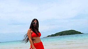 i flash my petite body in orange bikini dancing and fingering on the beach public fun