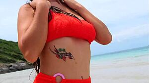 i flash my petite body in orange bikini dancing and fingering on the beach public fun