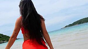 i flash my petite body in orange bikini dancing and fingering on the beach public fun