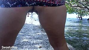 bbw milf lifts short skirt outdoors for wet homemade pissing stream