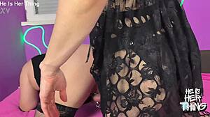 Chastity slave bent over gagging on STRAPON after cage release in heels and stockings