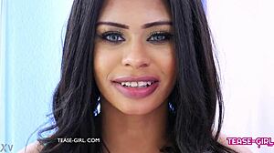 Sexy teen pornstarlet interviewed by daddy before sofa swallow and cum play