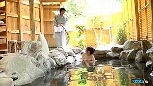 check out this chunky asian milf with big natural tits milking cock in the pool with hairy pussy action.