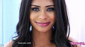 Sexy teen pornstarlet interviewed by daddy before sofa swallow and cum play