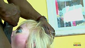 mature blonde milf moans masturbating shaved pussy then screws big black cock interracial