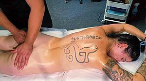 tattoo girl books massage from male masseur but begs for rough pussy pounding orgasm instead