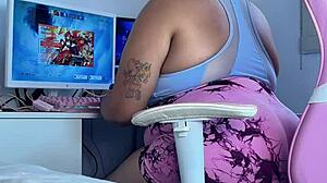 Curvy brunette amateur in leggings has embarrassing farting mishap during online gaming session