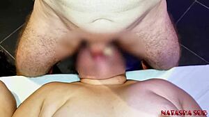 After deepthroat oral he pounds chubby girl's hairy ass