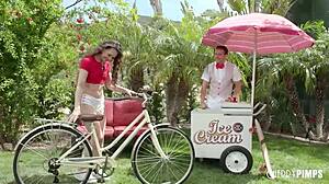 Codey Steele rims Liz Jordan's ass after ice cream on perky tits, then pounds her doggystyle outdoors