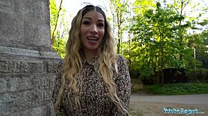 hey public agent babe worships my huge cock outdoors for cash cumshot