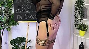 check out this curvy glasses babe in stockings spanking her huge ass for fetish fun