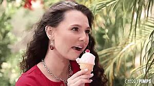 Codey Steele rims Liz Jordan's ass after ice cream on perky tits, then pounds her doggystyle outdoors