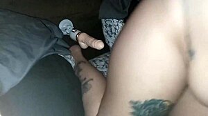 latina bends over for close-up dildo doggystyle