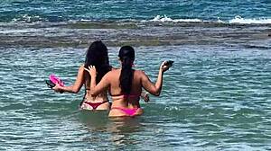 Two Stunning Brazilian Beauties Kiss and Play on Secluded Coral Beach