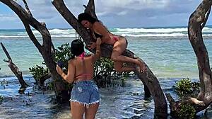 Two Stunning Brazilian Beauties Kiss and Play on Secluded Coral Beach