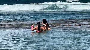 Two Stunning Brazilian Beauties Kiss and Play on Secluded Coral Beach