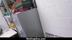 mall clerk catches thief spying then rides his cock at work