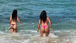 Two Stunning Brazilian Beauties Kiss and Play on Secluded Coral Beach
