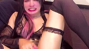 cute japanese ladyboy crossdresses and jerks shecock solo