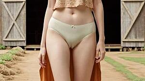 lingerie models strut barefoot around the ranch in panties and heels