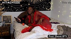 Behind the scenes, the big ass black babe moans good and giggles through her shaved pussy orgasm.