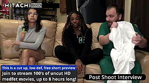 Behind the scenes, the big ass black babe moans good and giggles through her shaved pussy orgasm.