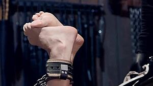 Blonde slave clamped in pins gets suspended choked whipped for rough gagging fuck