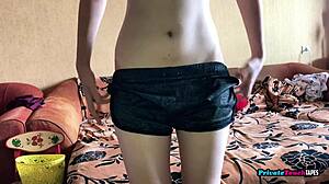russian teen skinny blonde fingers her wet hairy pussy in bedroom