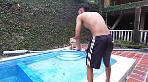curvy 18yo latina virgin learns pool lesson with taboo deepthroat cowgirl rough facial cumshot