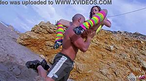Fit redhead Eva Lange tricked into public beach fuck with cum on big tits!
