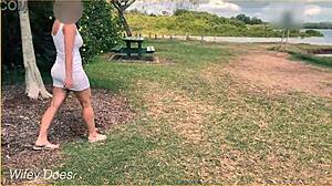 wife flashes shaved pussy and big tits swinging panty-free outdoors