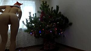Bitch shakes small tits ass pussy dancing wild around christmas tree solo