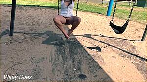 wife flashes shaved pussy and big tits swinging panty-free outdoors