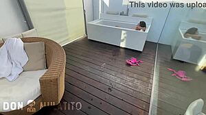 step-sister sucks my huge cock by the pool to keep our wet secret