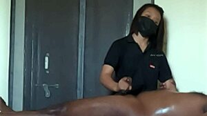 after some convincing the angry spa girl finally gives in to the handjob massage