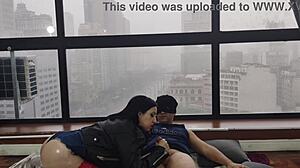 Hey watch this big ass slut bareback fuck by window for all