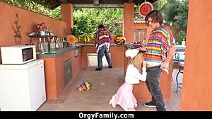 Petite stepsis rides my cock cowgirl while stepdad stays blindfolded in family orgy