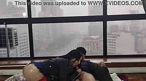 Hey watch this big ass slut bareback fuck by window for all