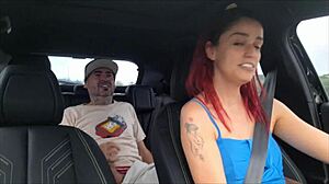 this kinky app driver flashes her tits in the car lets passengers stroke while she masturbates publicly on the street