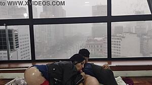Hey watch this big ass slut bareback fuck by window for all