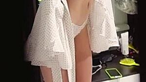 Tried dresses in changing room, ended up bent over for cute babe's deep anal creampie pounding