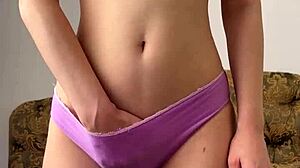This cute teen maiskii fingers her tight shaved pussy and fucks dildo deep