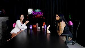 Morena Marcelly Melo Slobbers Hard on Sheer Red Toy Blowjob