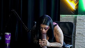 Morena Marcelly Melo Slobbers Hard on Sheer Red Toy Blowjob
