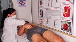 nurse watches patient's throbbing erection grow hard right in front of her in hospital room close up