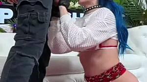 little jewelz blu chokes on nade nasty's monster cock, deepthroats with gagging before juicy pussy riding and facial cumshot